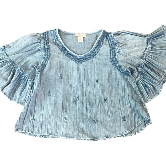 Rachel Zoe BOHO Cropped Relaxed Top Gauze Embroidered Sz S Blue #306F - Picture 2 of 7